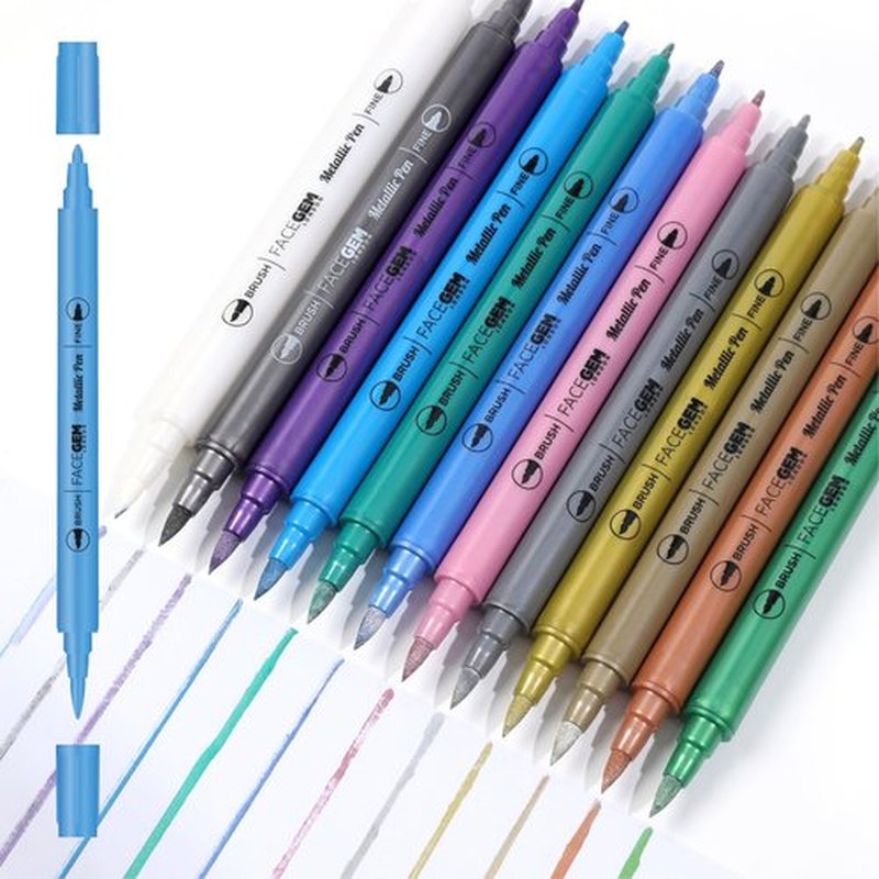 12 Metallic Temporary Tattoo Markers – Create Temporary Tattoos with Dual-Tip Body Markers, Bold & Fine Lines, Waterproof, Fast-Drying, Non-Toxic, 42 Stencils, Fake Tattoos Set, Tattoo