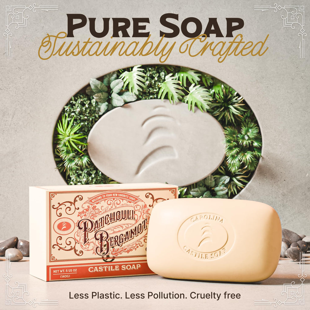 Carolina Castile Soap Patchouli Bergamot Bar Soap – Triple Milled for a Smooth, Silky Lather – Made with Unsaponified Olive Oil & Fair-Trade Cocoa Butter for a Soft, Daily Wash for Men and Women –5 oz