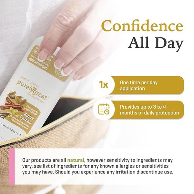 Purelygreat Natural Deodorant Stick - Spice Scented, Paraben & Aluminum Free | Travel-Friendly 2.64 oz / 75 g