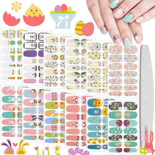 168 Pieces 12 Sheets Easter Nail Wraps Full Art Polish Stickers Spring Easter Self Adhesive Art Decals Strips Eggs Rabbits Chick Sticker with Nail File for Women Girls DIY Manicure