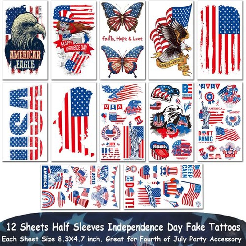 CHARLENT 4th of July Temporary Tattoos Full & Half Arm - American Flag Tattoos for Kids Women Men Fourth of July Party Decorations and USA Party Favors,Independence Day Party Supplies