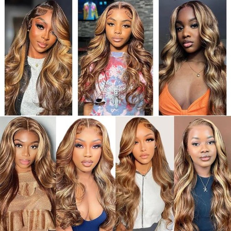 Mocwavy 13x6 Body Wave 200% Density Highlight Ombre Lace Front Wig Human Hair Glueless 24 inch HD Transparent 4/27 Honey Blonde Lace Frontal Wigs Human Hair Pre Plucked With Baby Hair