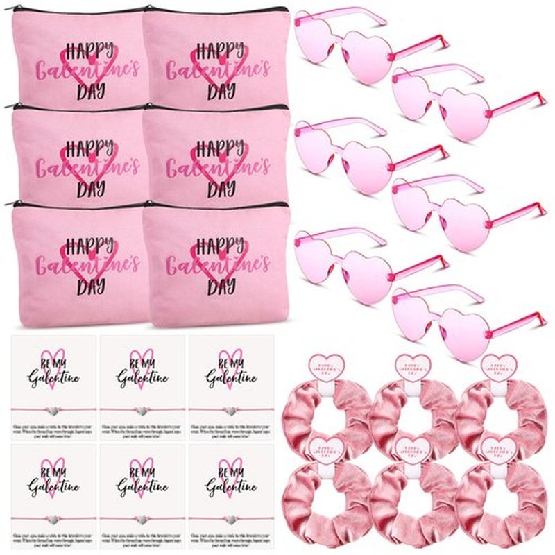 Landical 6 Set Galentine's Day Gift Set Include Makeup Bags Greeting Cards Velvet Hair Scrunchies Bracelets Sunglasses Gifts for Women