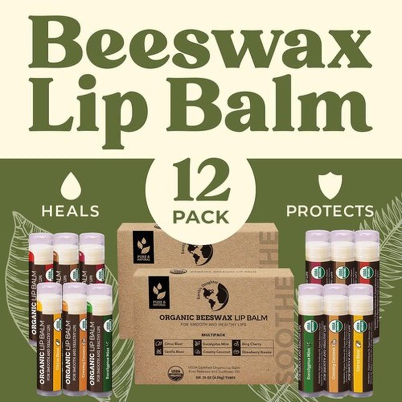 Earth's Daughter USDA Organic Lip Balm - 12-Pack with Fruit Flavors & Beeswax | Moisturizing Repair for Dry Lips