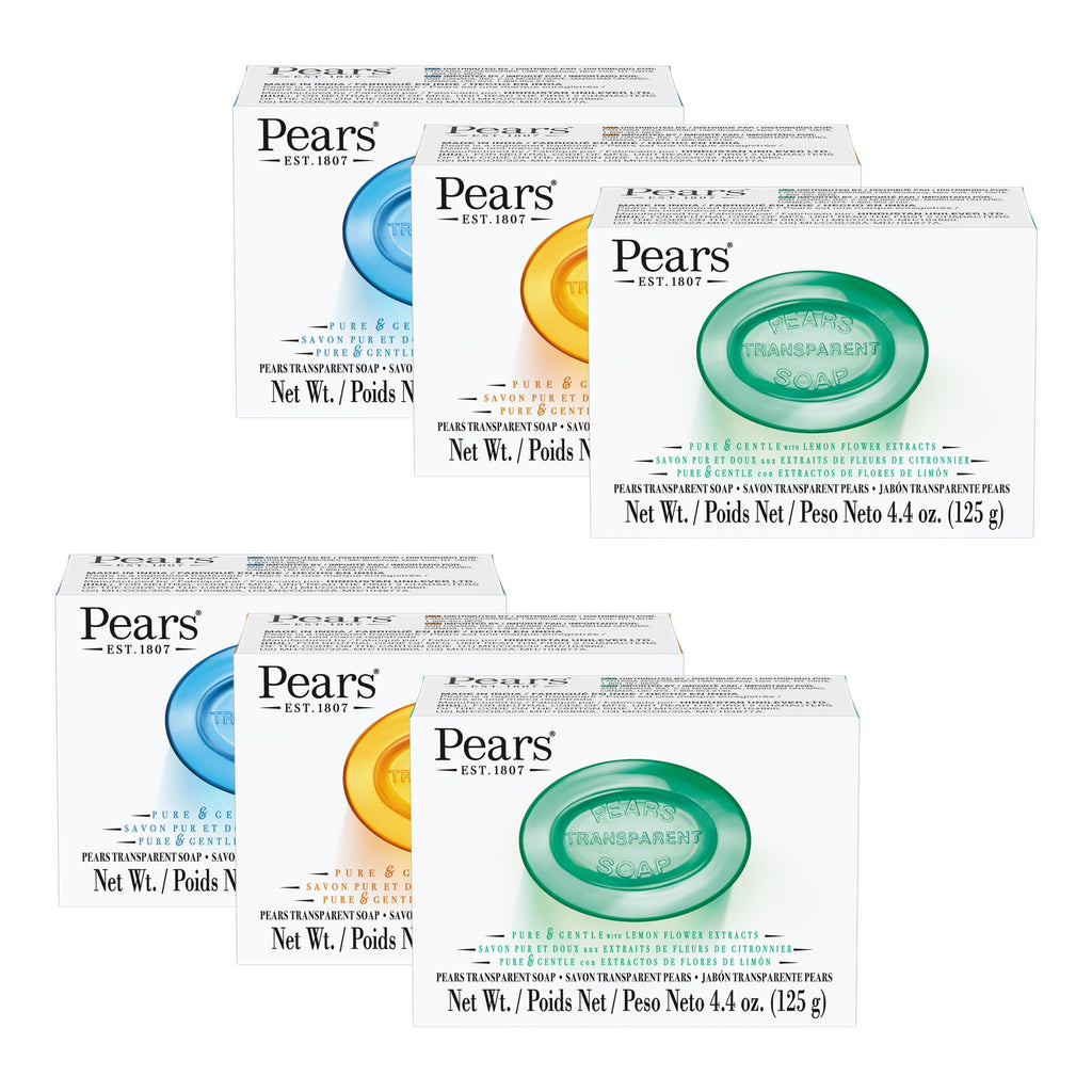 Pears Variety 6 Pack - Pure and Gentle Bar Soap with Glycerin - Includes Lemon Flower, Mint Extracts, and Amber - Soap Bar for Women and Men - 6 pc