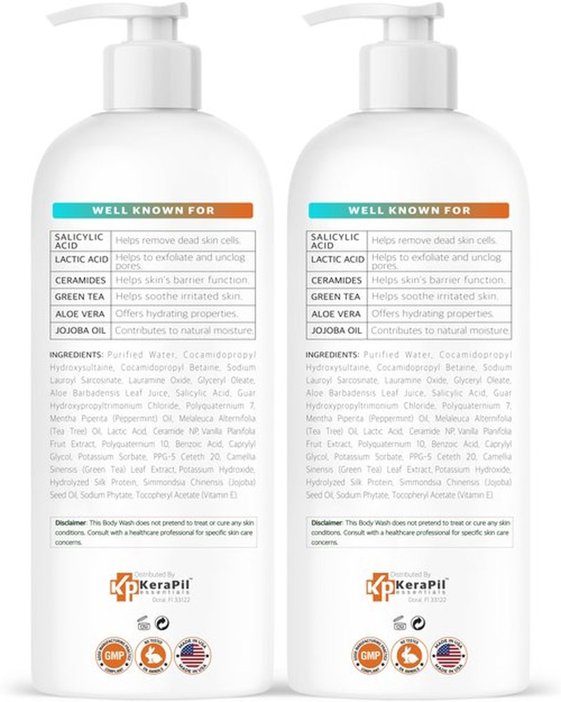 KERAPIL Salicylic Acid Body Wash - Skin Non-drying, Gentle Exfoliates Rough and Bumpy Skin, Body Acne Wash, BHA & AHA - Unscented Exfoliating Body Wash, Made in USA - (16 fl oz x 2)