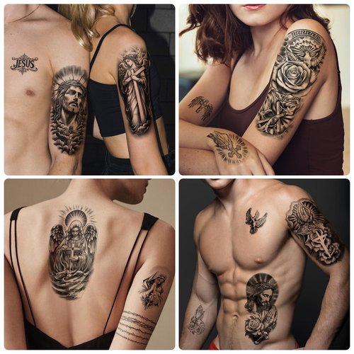 77 Sheets Christian Temporary Tattoo Adult, Religious Jesus Christ Cross Angels God Half Arm Fake Tattoos, Christ Catholic Realistic Tiny Body Temporary Tattoos for Men and Women Kids