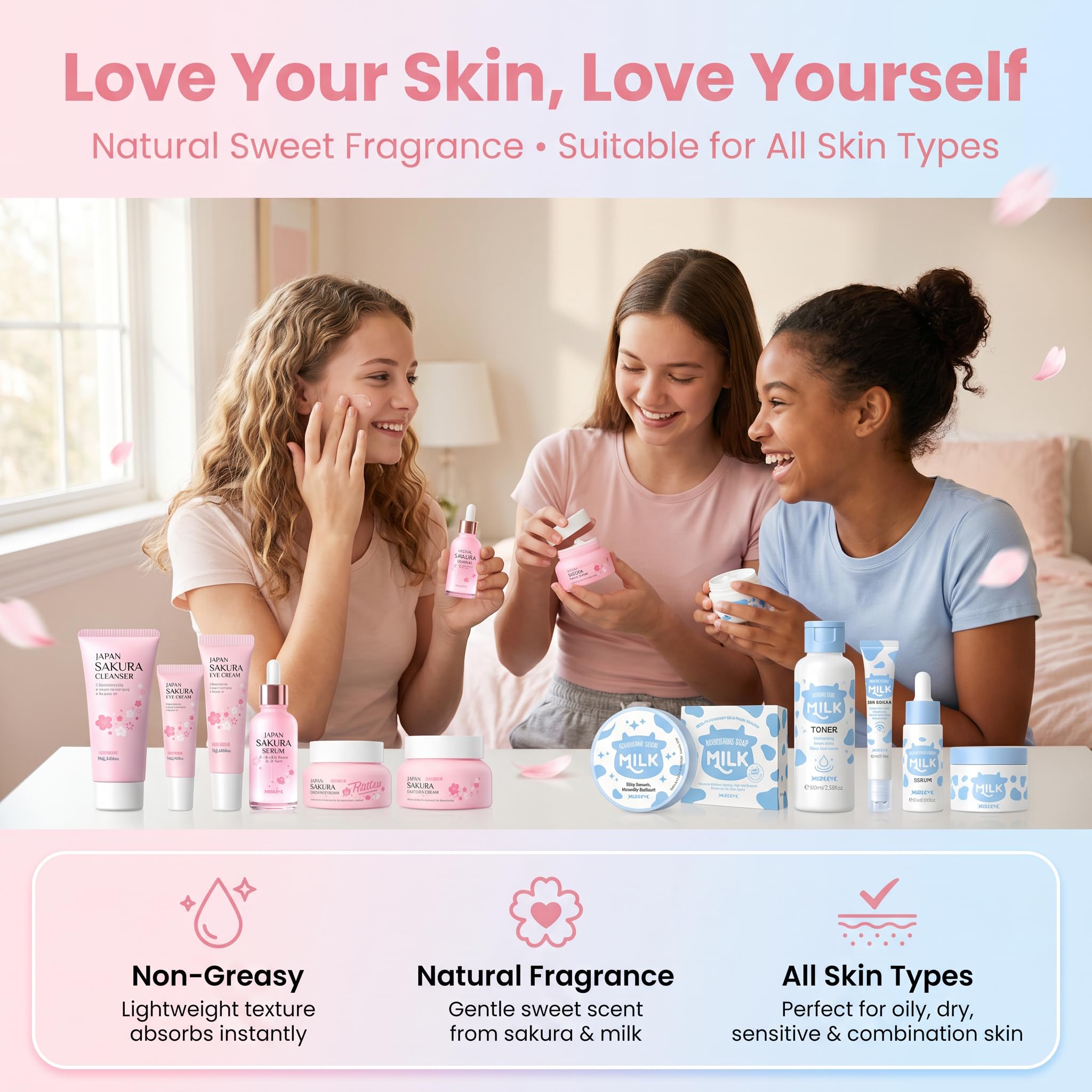 Sakura & Milk Skincare Set for Teens & Kids, 15 PCS Complete Day & Night Face Routine Kit for Girls & Office Worker, Hydrating, Shrink Pores, Perfect Gift Set for Self Care, Birthday, Party