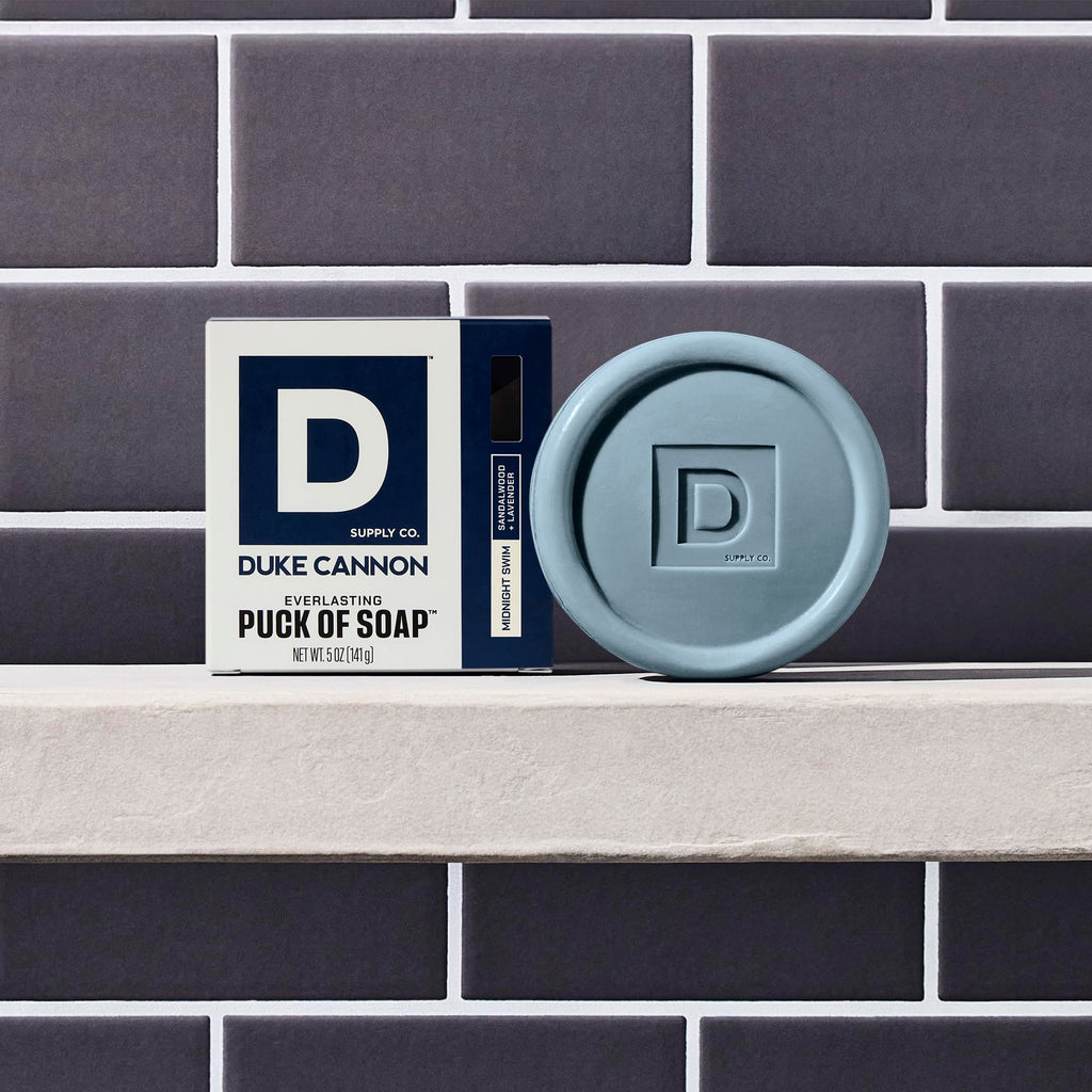 Duke Cannon Supply Co. Bar Soap Puck - Men's Rounded Bar Soap with Masculine Scents - Disc-Shaped Mens Soap - Hydrating & Deep Cleaning - All Skin Types - Midnight Swim, 4 Pack - 5 oz