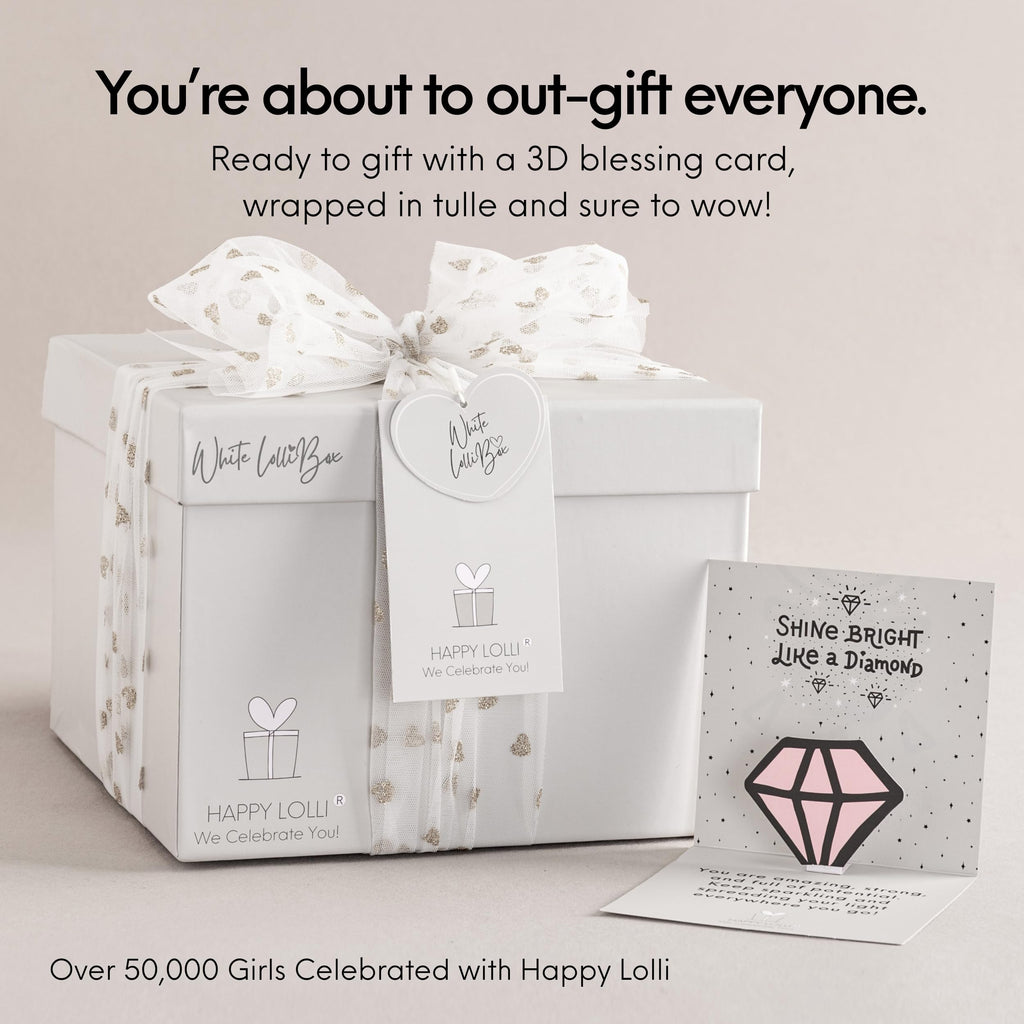 HAPPY LOLLI White LolliBox Gift Set for Tween & Teen Girls Ages 8–15, Birthday Gift Box, Ready-to-Gift Surprise Box with 8 Individually Wrapped Gifts & Empowering Challenges