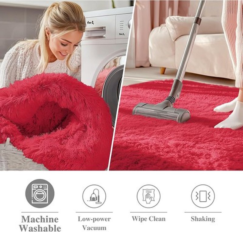 OLANLY Red Round Area Rug - Soft, Fluffy, Machine Washable 8 ft Circle Carpet for Bedroom & Living Room Decor