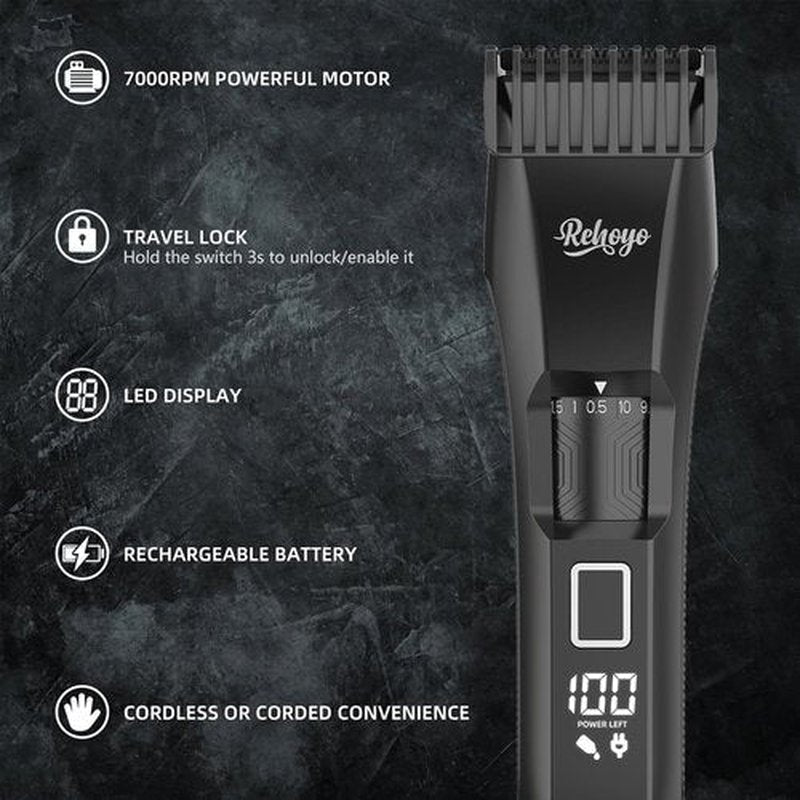 REHOYO Beard Trimmer for Men - Professional Cordless Hair Clippers with 20-Length Dial | Waterproof Stainless Steel Blades, Black