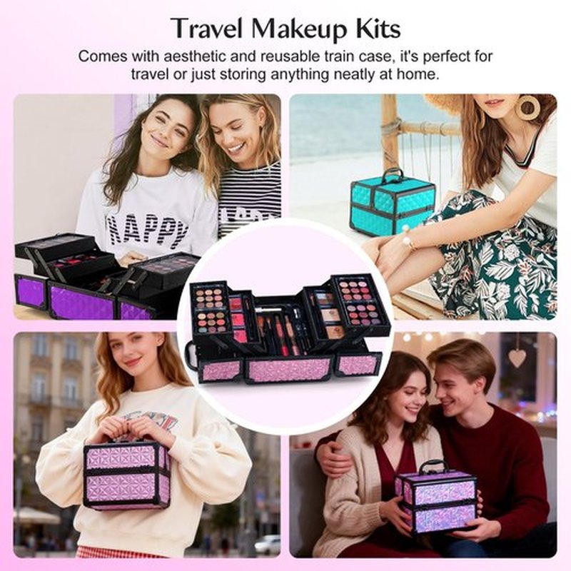 Color Nymph All in one Makeup Kit For Girls Teens, Makeup Set 4 Trays Spacious Space Train Case for Beginner with Eyeshadow Highlighter Lipgloss Blush Contour Concealer Brush Eyeliner Lipbalm