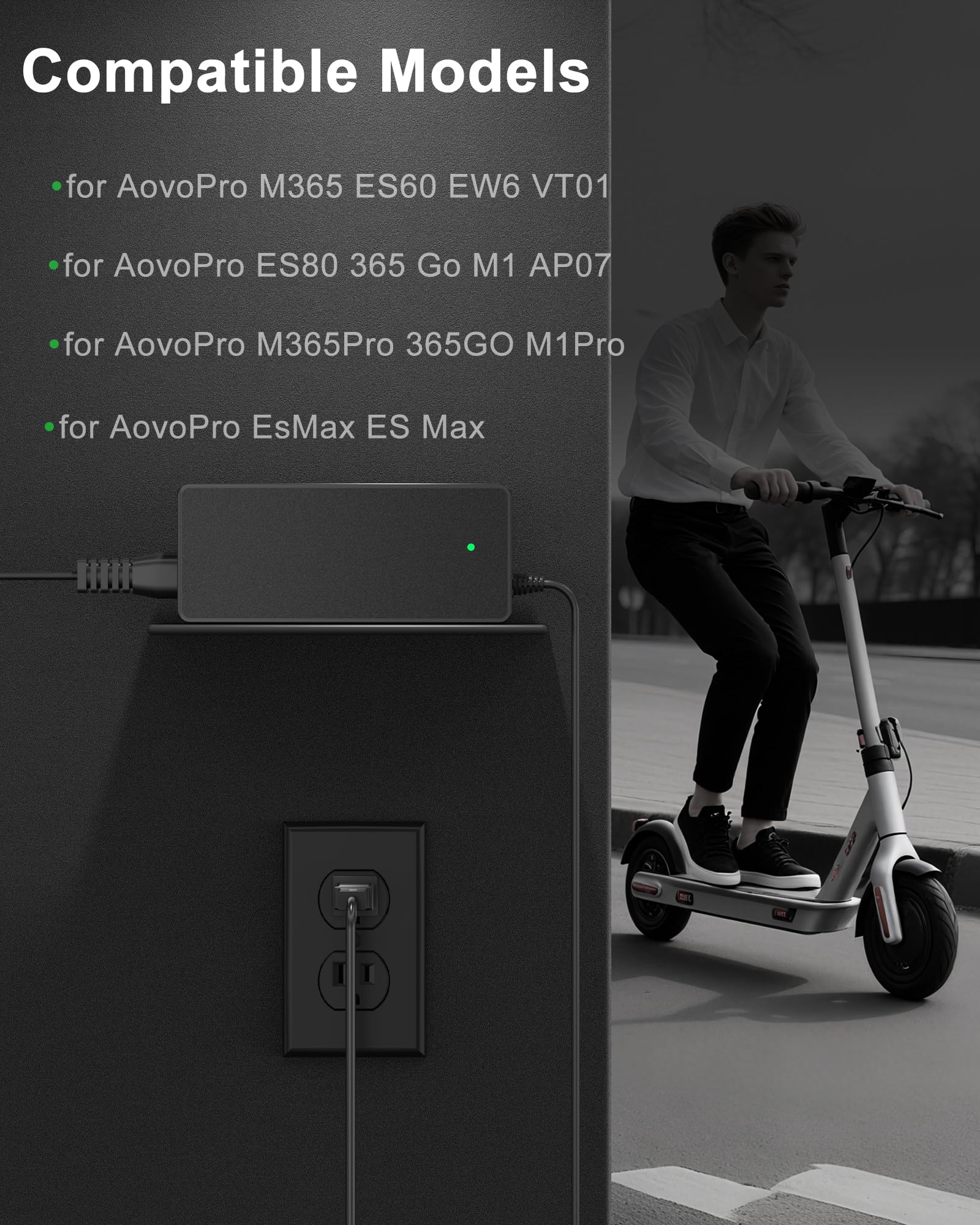 VHBW 42V Electric Scooter Charger Compatible with AovoPro M365 ES60 EW6 365Go M1 M365Pro AP07 VT01 Scooter -YLT-42V0150 Charging Adapter,LED Indicator, 9.8FT Cord