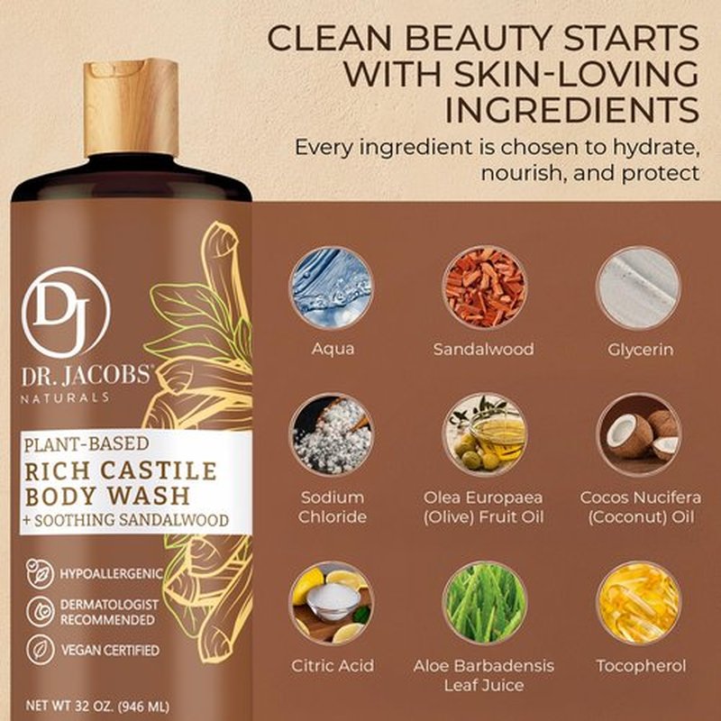 Dr. Jacobs Naturals Pure Castile Soap Liquid Body Wash, Sandalwood - Plant Based Soap Infused with Vitamin E and Aloe Vera to Moisturize Dry and Sensitive Skin - Made in The USA - 32 oz, Pack of 3