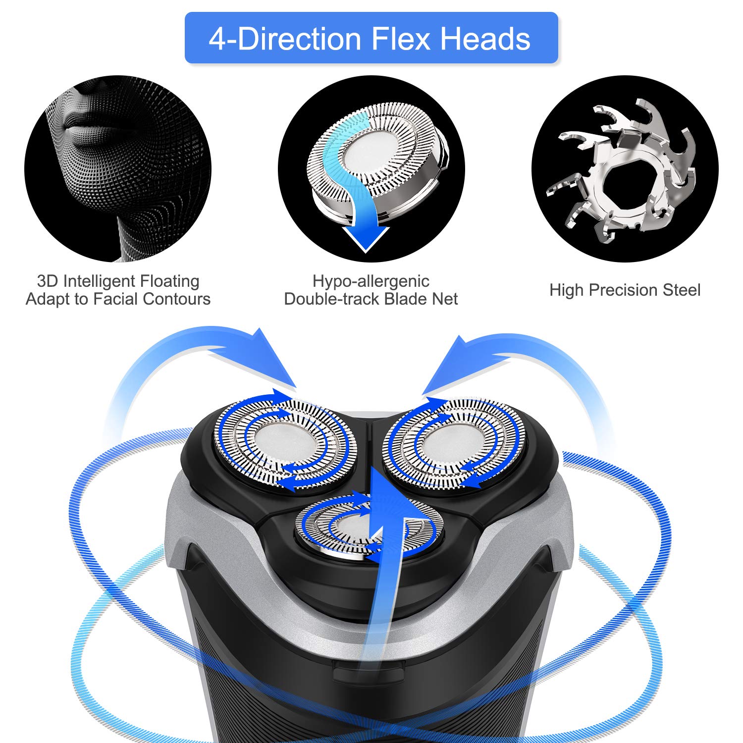 Men's Electric Shaver - MAX-T Corded and Cordless Rechargeable 3D Rotary Shaver Razor for Men with Pop-up Sideburn Trimmer Wet and Dry, IPX7 Waterproof, Plug & Play
