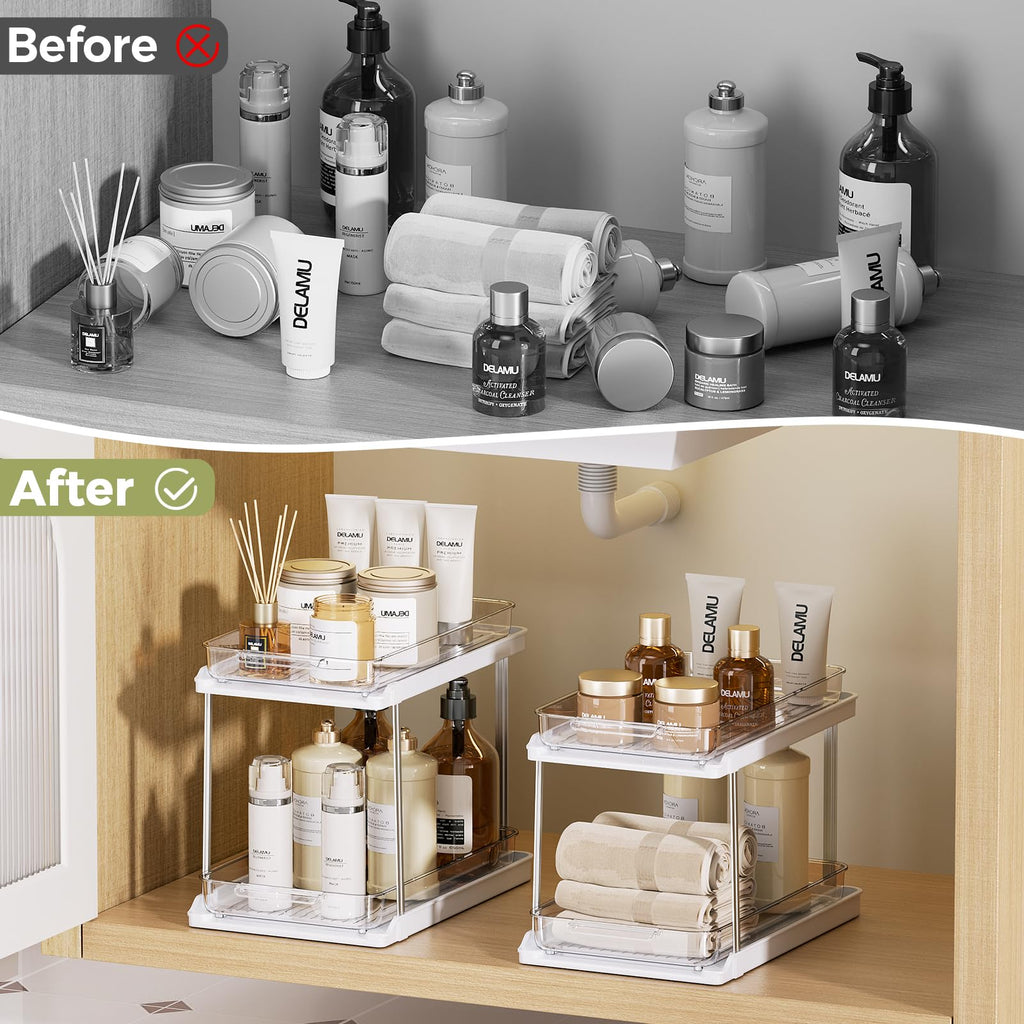 Delamu 2-Tier Bathroom Under Sink Organizers and Storage, Pull Out Cabinet Drawers with Anti-Slip Design, Multi-Purpose Storage for Kitchen, Pantry, Bathroom & Home Organization, White, 2 Pack