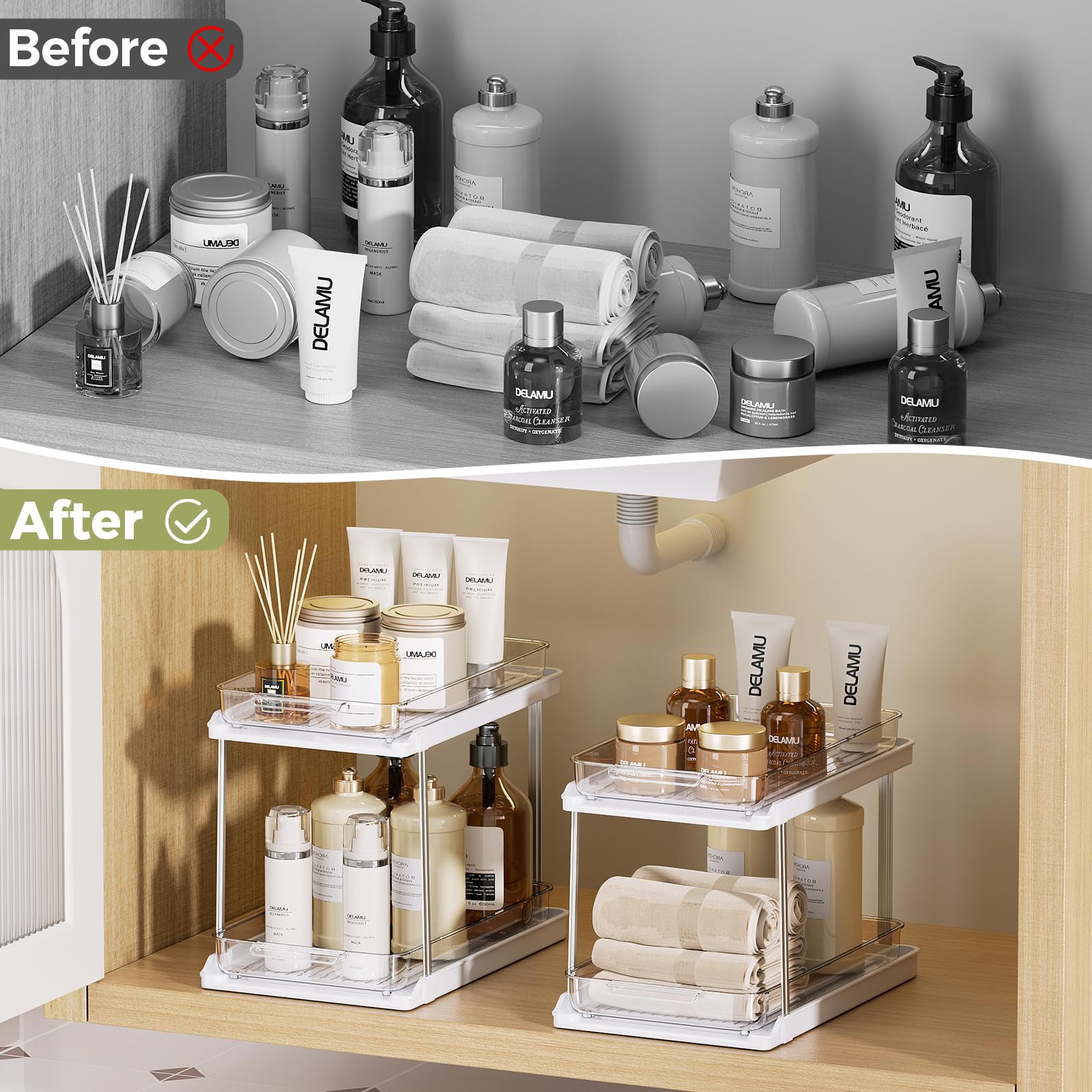 Delamu 2-Tier Bathroom Under Sink Organizers and Storage, Pull Out Cabinet Drawers with Anti-Slip Design, Multi-Purpose Storage for Kitchen, Pantry, Bathroom & Home Organization, White, 2 Pack