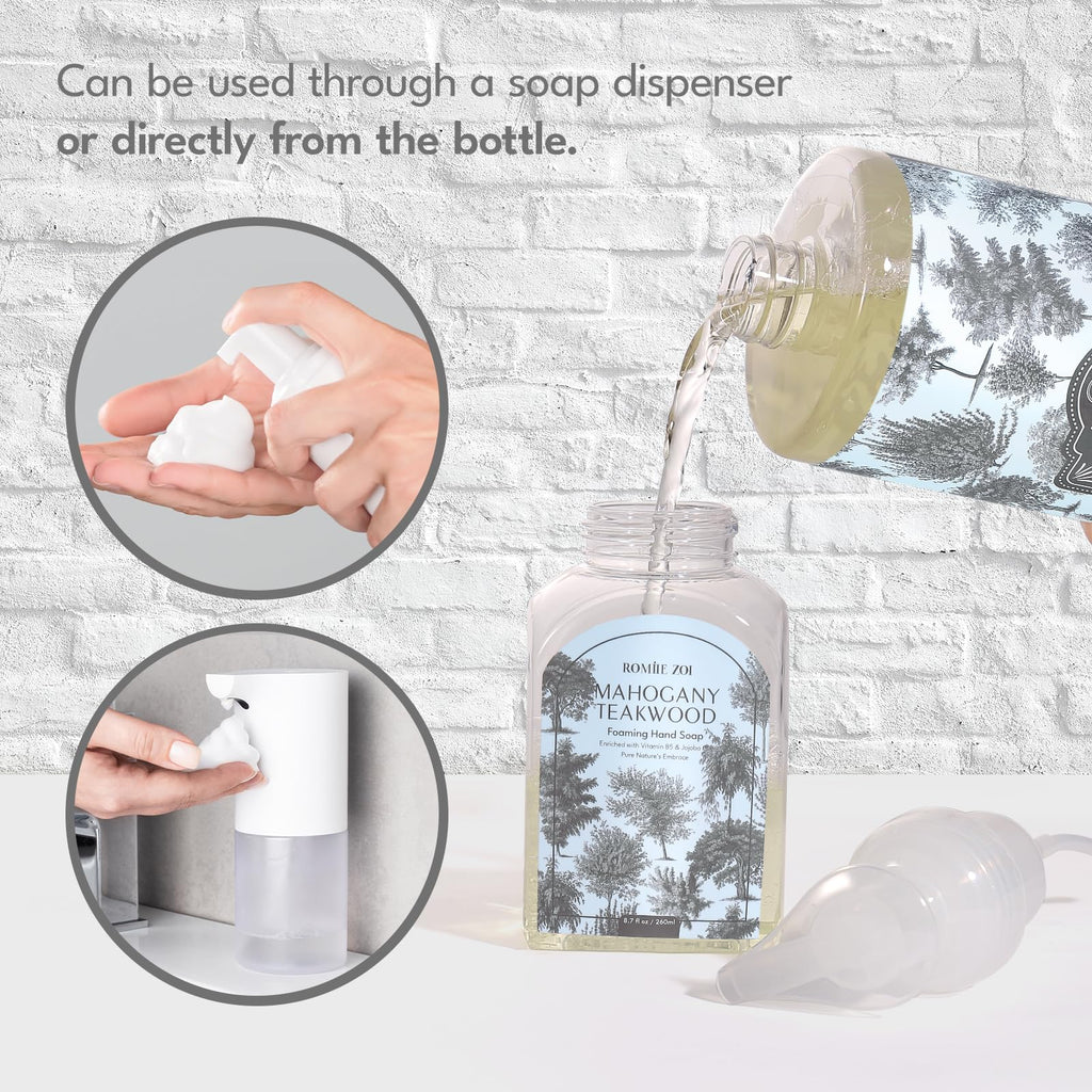 ROMIIE ZOI Foaming Hand Soap Refill Gift Set – Teakwood Scent – 3 Pack (1000ML Each) with Dispenser – Gentle & Moisturizing Plant-Based Formula – Bulk Refill Bottles for Bathroom & Kitchen Use