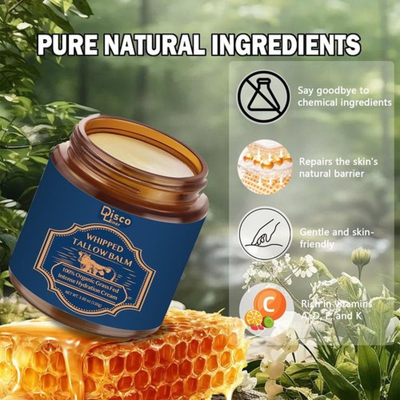 100% Grass Fed Whipped Beef Tallow Balm, Ultra Moisturizing Skin Cream for Face, Body Hands, Natural Skincare with Honey Coconut Oil Olive Oil and Avocado Oil for All Skin (1)