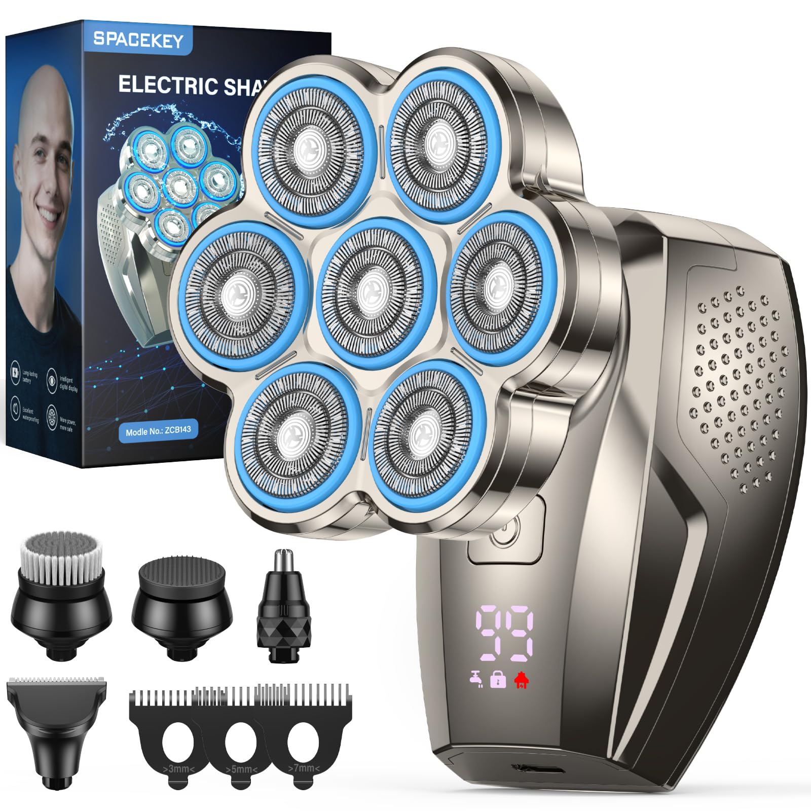 7D Head Shavers for Bald Men, 5-in-1 Magnetic Detachable Head Shaver, IPX7 Waterproof Electric Razor for Wet/Dry Use, Shaving Grooming Kit for Balder, LED Display, Type-C Charge, Gunmetal
