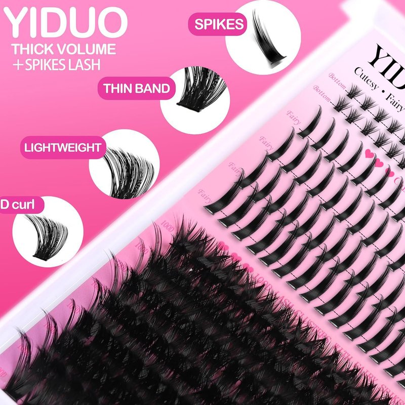 YIDUO Lashes Clusters Kit Bottom Lashes with Spikes 100D Cluster Eyelash Extensions Kit 10-120mm D Curl Volume Manga DIY Individual Strips Lashes Thick with Lash Bond and Seal Tweezers Remover