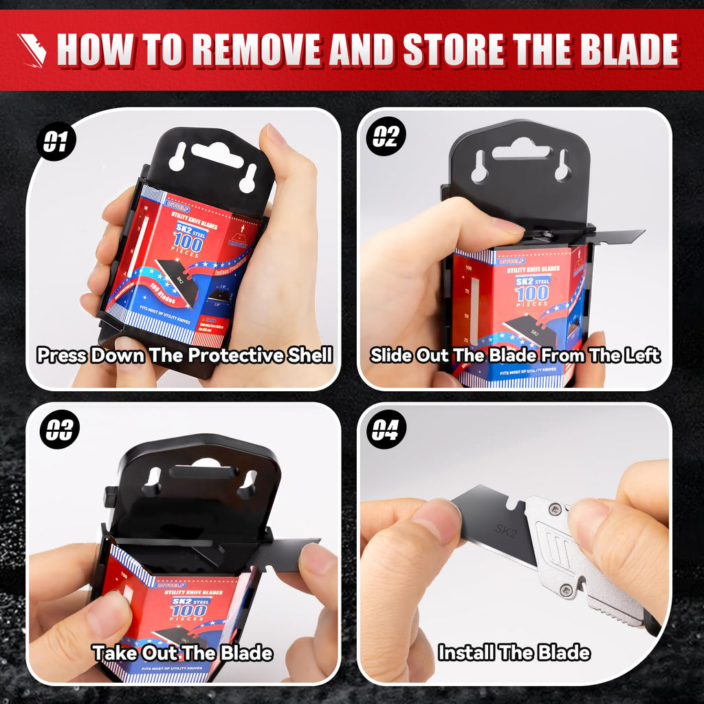 DIYSELF 100 Pack Utility Knife Blade Refills, SK2 Razor Knife Blades, Black