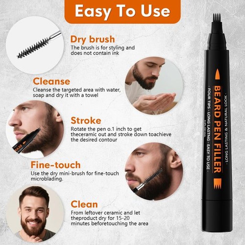 3-Pack Beard Pencil Filler for Men (Black), Four-fork Tip Beard Styling Pen, Waterproof Sweat Proof Long Lasting Beard Pencil,Effectively Enhances Facial Hair
