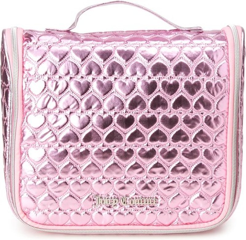 Juicy Couture Pink Makeup Bag - Shiny Puffer Heart Organizer with Travel Hook for Essentials