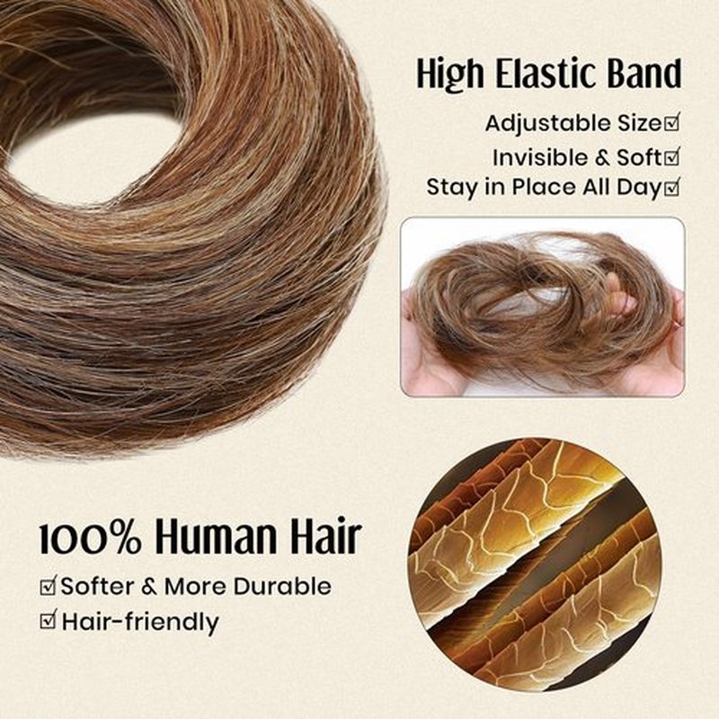 MY-LADY Messy Bun Hair Pieces Human Hair for Women Real Hairpiece Straight Scrunchies Tousled Updo Donut Chignon Ponytail Extension Medium Brown & Dark Blonde