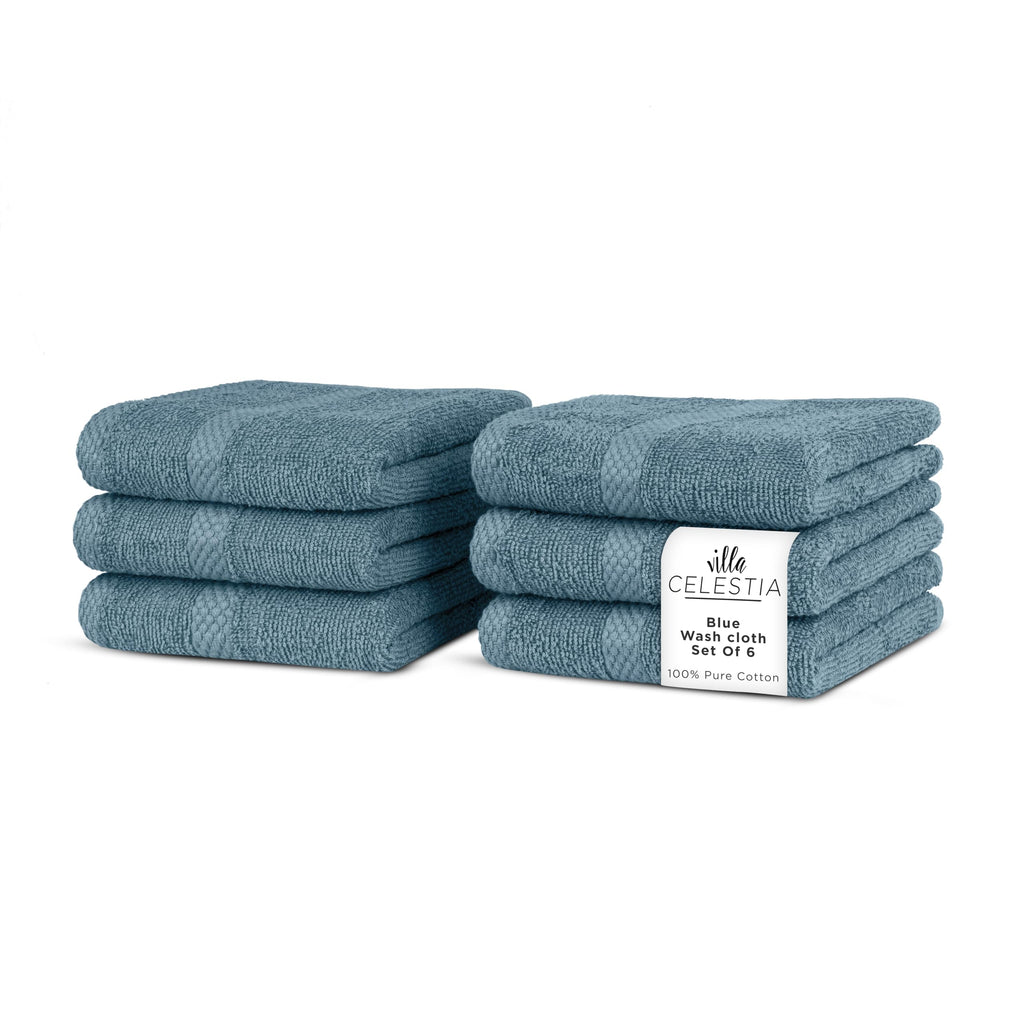 Villa Celestia Cotton Washcloths Set of 6, 12x12 Inch, 100% Ring-Spun Combed Cotton, Soft Absorbent Quick-Dry Wash Cloths for Face and Body, Oeko-TEX Certified, Hotel & Spa Quality, Blue