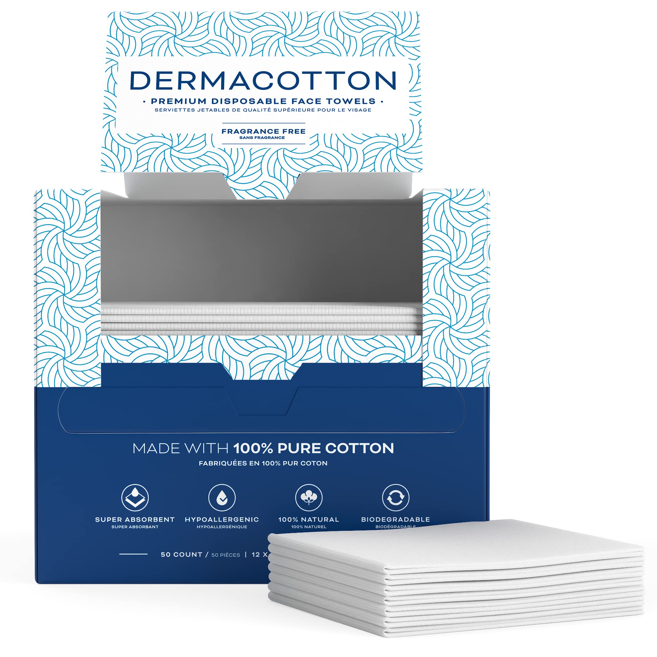 DERMACOTTON X-Large Cotton Disposable Face Towels – 100 Count Extra Large Disposable Wash Cloths for Face Washing, Makeup Removal & Acne Care | Ultra Soft, Hypoallergenic & Fragrance-Free
