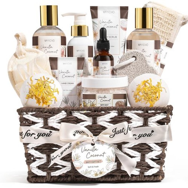 Birthday Gifts for Women, Vanilla Coconut Relaxing Spa Gift Baskets for Women Self Care Package Bath Gift Set, Home Bath and Body Kit Pamper Easter Gifts for Womens Her Mom Friends Sister Wife