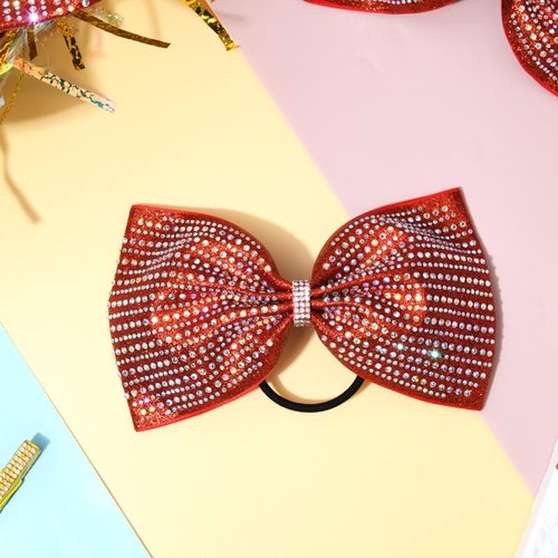 DEEKA 6 PCS Red Glitter Tailless Cheer Bows Large 6.5" Rhinestones Competition Hair Bow Elastic Band for Cheerleading Cheerleaders Girls (Glitter Red)