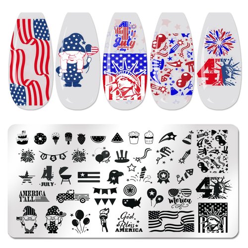 JERCLITY 6pcs 4th of July Nail Stamping Plates Independence Day Nail Stamping Kit Patriotic American Flag Star Statue of Liberty Image Plates Nail Art Design Template Print Nail Stamper Kit for Women