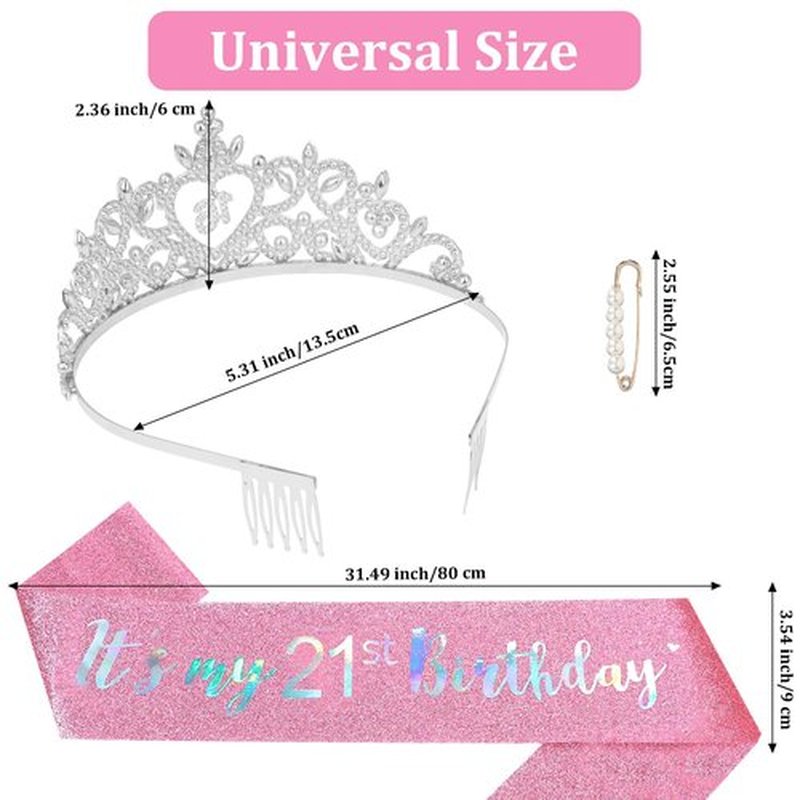 Araluky Pink 21st Birthday Decorations for Her with Happy 21st Birthday Sash for Women 21st Birthday Crown 21st Birthday Sash and Crown 21st Birthday Gifts for Her