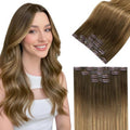 LaaVoo Seamless Clip in Hair Extensions Human Hair Balayage Brown Seamless Hair Extensions Clip in Balayage Brown Mix Golden Blonde Clip ins Hair Extension Soft Straight 18Inch 4pcs 90g