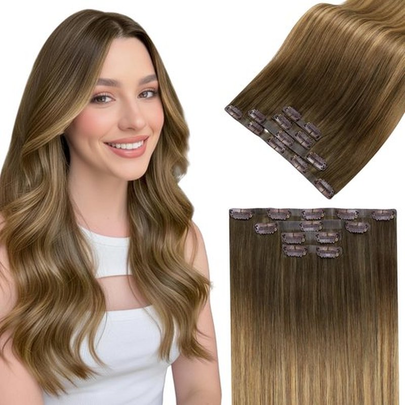 LaaVoo Seamless Clip in Hair Extensions Human Hair Balayage Brown Seamless Hair Extensions Clip in Balayage Brown Mix Golden Blonde Clip ins Hair Extension Soft Straight 18Inch 4pcs 90g