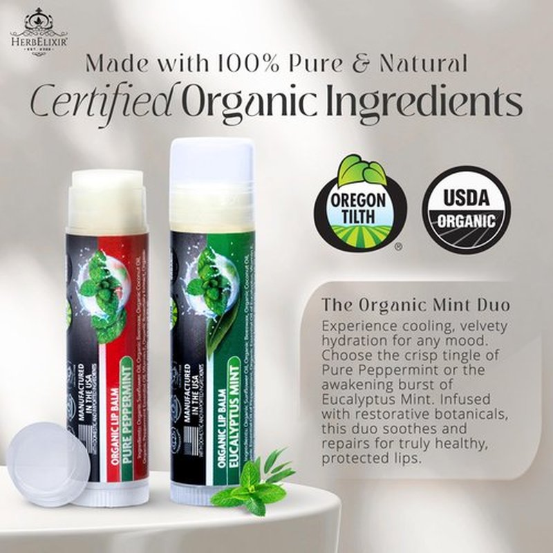 Organic Lip Balm Variety 4 Pack | Peppermint & Eucalyptus Mint Chapstick Set | Moisturizing for Dry Lips | For Men and Women