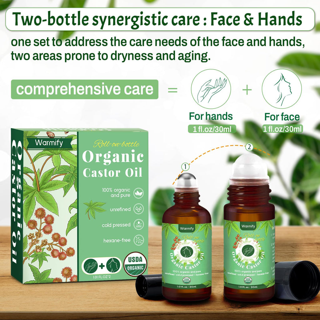 Warmify 2-in-1 Castor Oil Roll On for Face & Hands, Organic Cold Pressed, Hexane-Free, Unrefined Glass Bottle – Targeted Roller Balls for Eye, Lip, Skin, Nail & Cuticle Care – 2 x 1 fl.oz