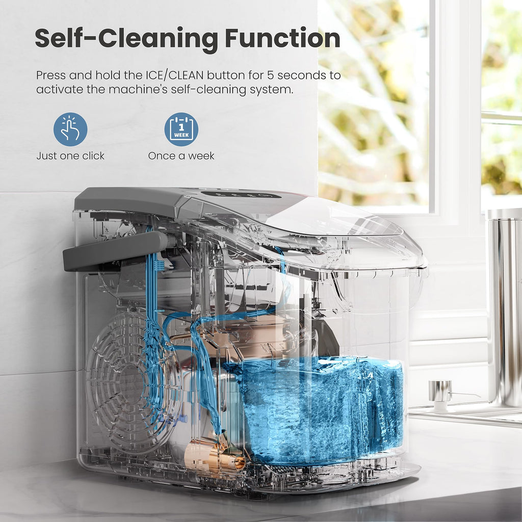 Portable Countertop Ice Maker Machine with Handle, 8 Bullet-Shaped Ice Cubes Ready in 6 Mins, 26Lbs/24H, Self-Cleaning Function with Ice Scoop and Basket for Home/Kitchen/Party (Grey)