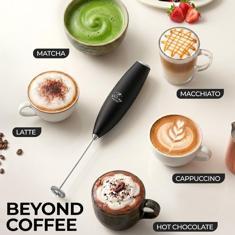 Zulay Kitchen Milk Frother - Handheld Electric Whisk for Lattes, Matcha & Protein - Durable Stainless Steel - Black