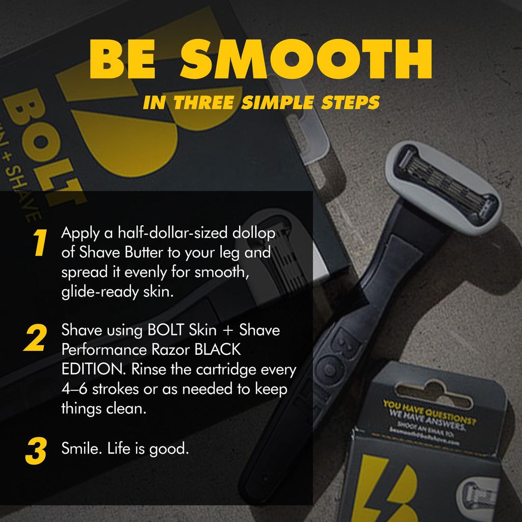 BOLT Skin + Shave - Starter Kit Black Edition - Performance Razor, Shave Butter & 3 Refill Cartridges - Smooth Shave for Body & Legs