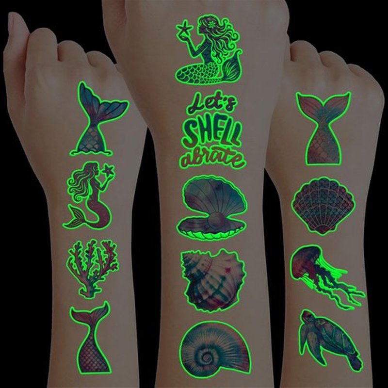96 PCS Mermaid Ocean Sea Pre-Cut Luminous Glow in the dark Temporary Tattoos for Kids | Super Cute Themed Birthday Party Favors Supplies Decorations, Fake Tattoo Stickers Gifts for Boys Girls Rewards