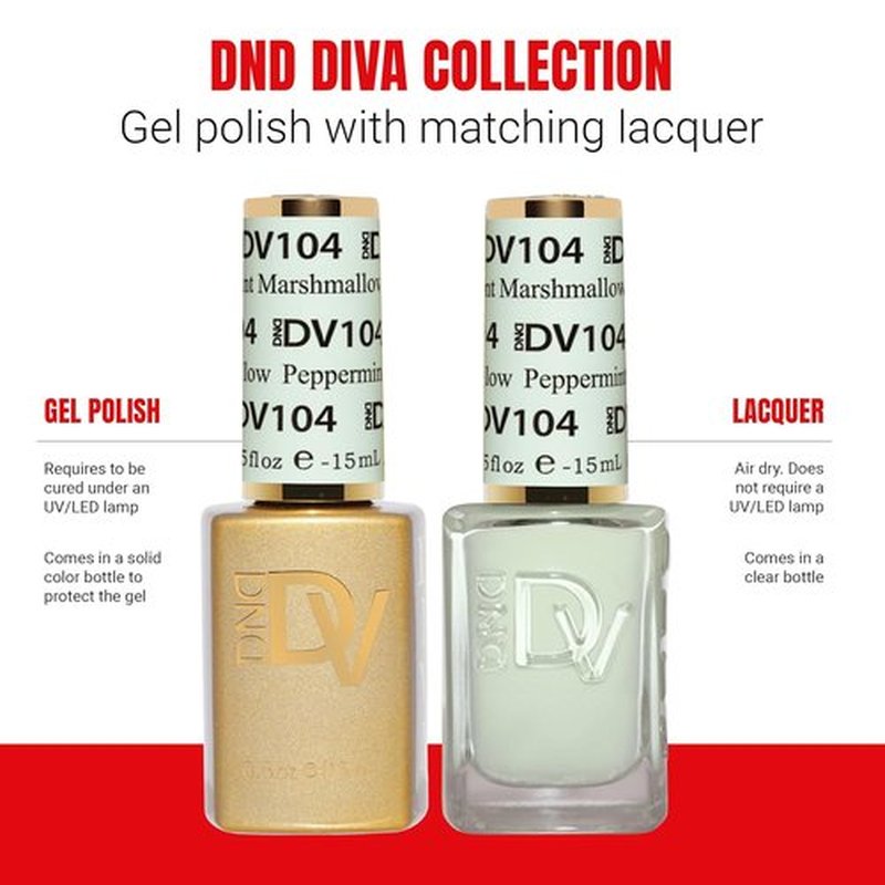 DND Gel Polish Set - Coquette Collection | Chip-Free UV/LED Gel & Air Dry Nail Lacquer Duo - 104 Peppermint Marshmallow, 0.5 Fl Oz