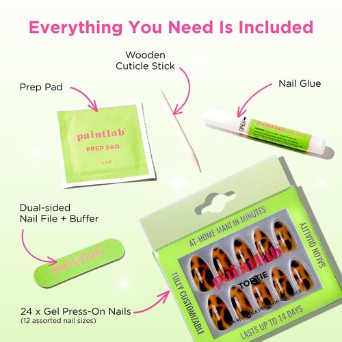 PaintLab Press-On Nails Manicure Kit, Tortie - Almond, 24-Piece Set, Long-Lasting Fake Nails with Glue, File, Prep Pad & Cuticle Stick