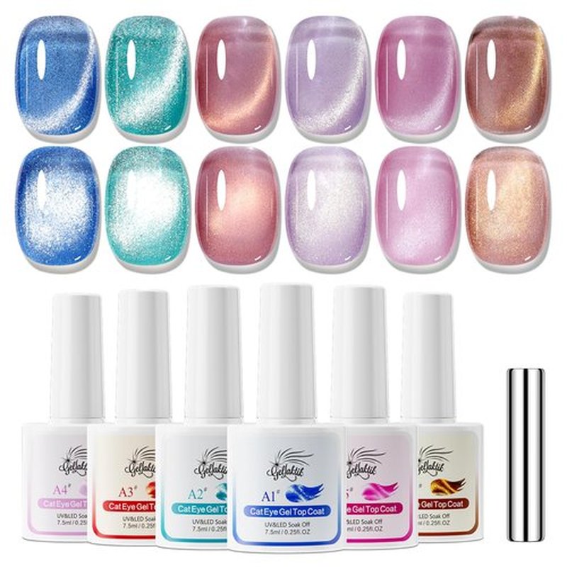 GELLAKTIK 5-in-1 Cat Eye Gel Polish Kit, 6PCS-7.5ml No Base/Top Coat Needed, All-in-One Formula, Beginner-Friendly Magnetic Nail Art Set with Magnet Sticks, Fast Curing for Home DIY Manicure