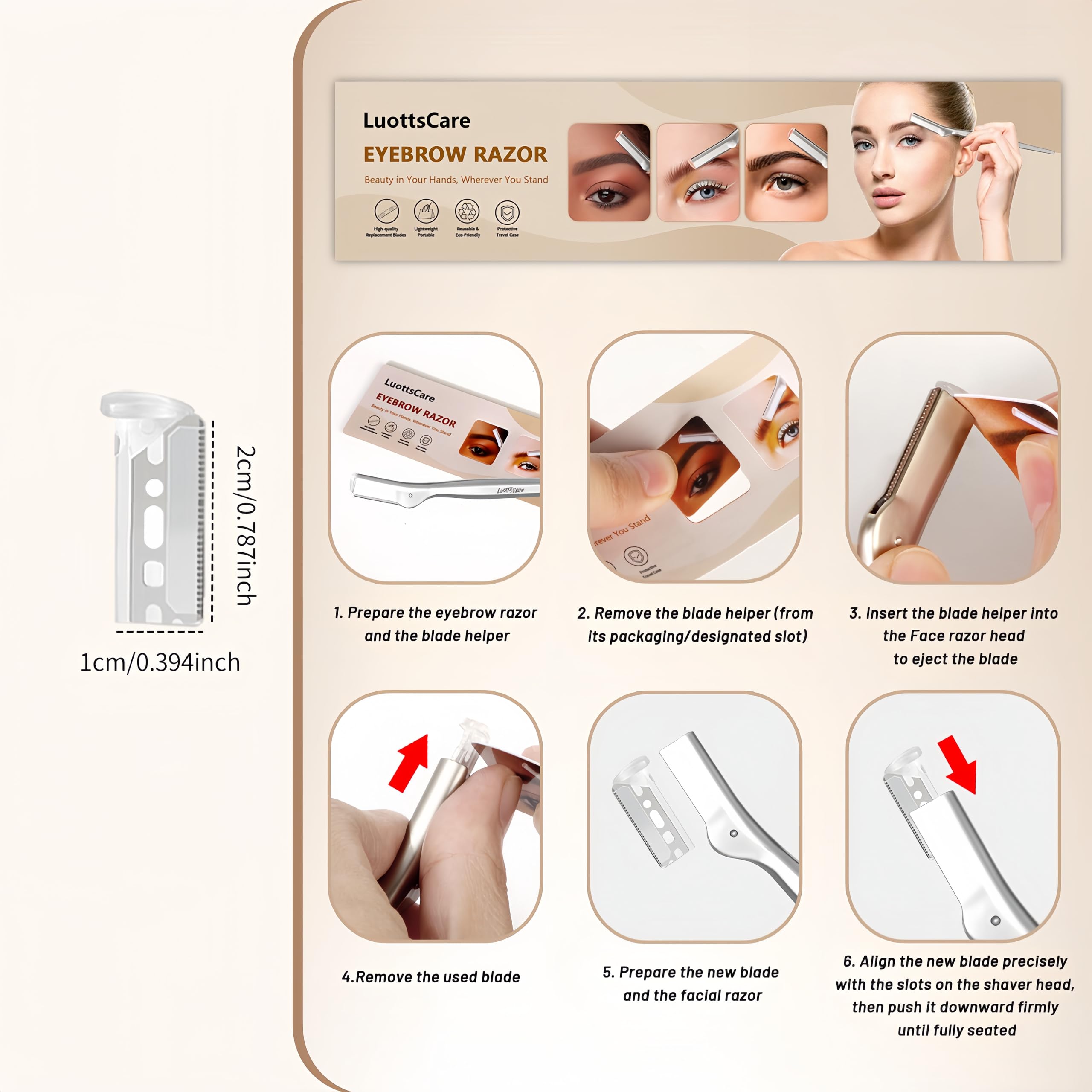 LuottsCare 20 Eyebrow Razor Blades - 20 Refill Blades for Dermaplane Razor for Women Face, Small Face Razors Blades for Peach Fuzz and Fine Hair, Multipurpose Exfoliating Dermaplaning Tools - S