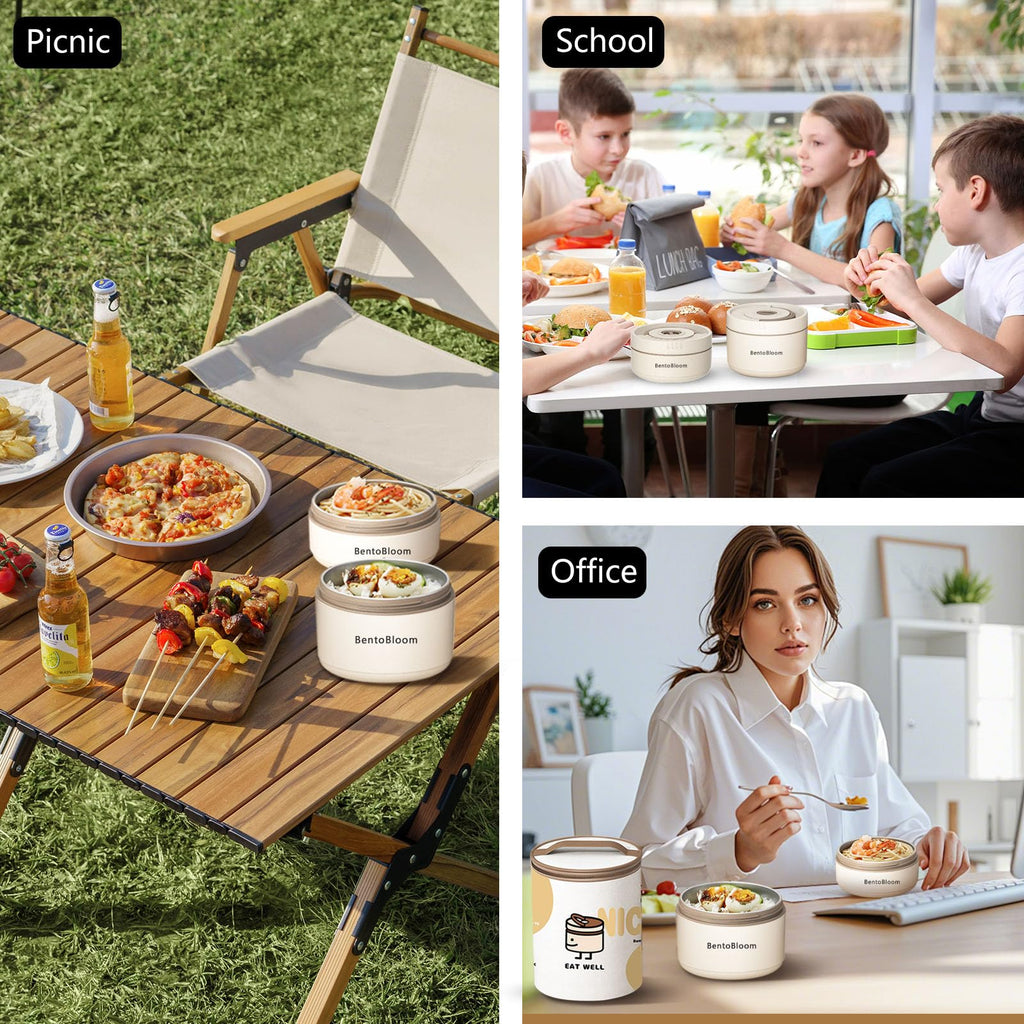 BentoBloom Bento Box Adult — Round Stackable Lunch Box for Women (450ml & 600ml) with Insulated Carry Bag | 304 Stainless Steel Removable Inserts | Microwave & Dishwasher Safe, White