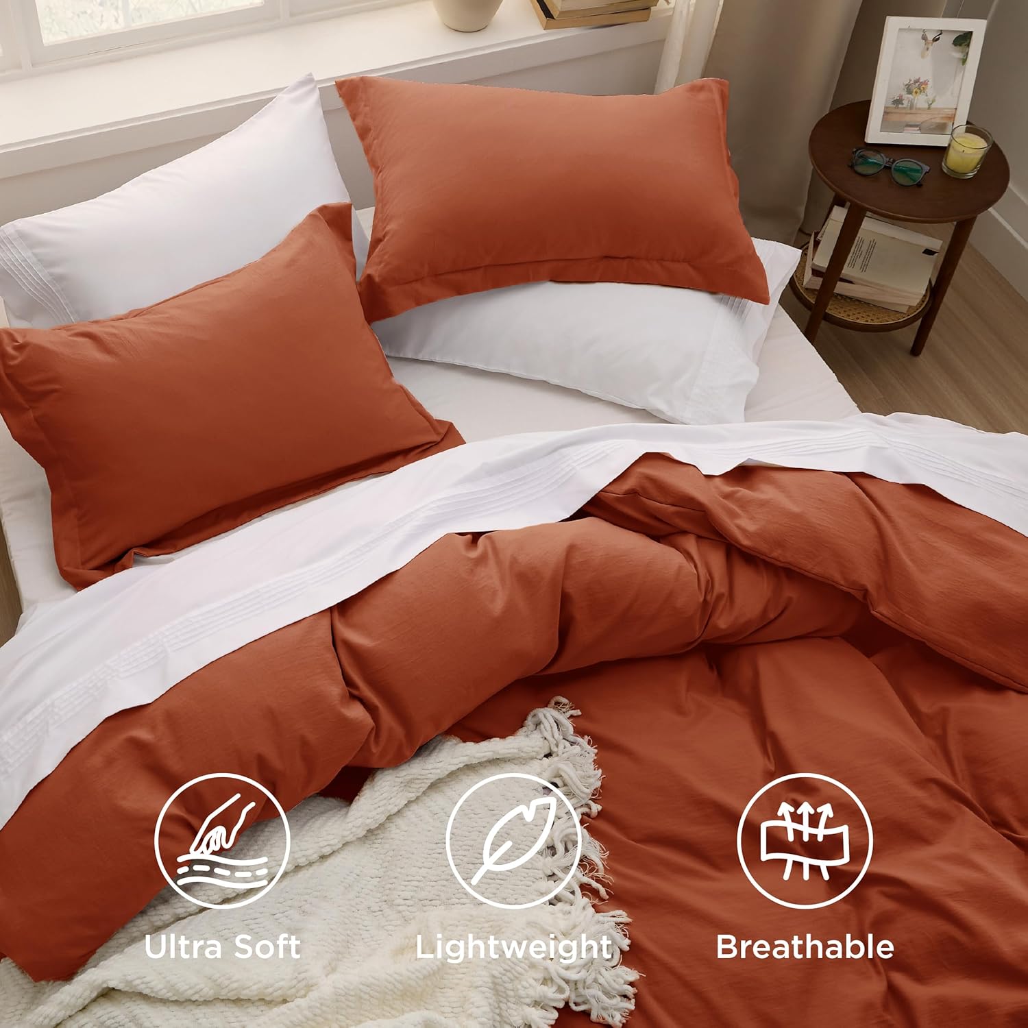 Bedsure Terracotta Duvet Cover Set - Extra Soft Cotton-Like Polyester, Full Size 3 Pieces, 80x90 Inches with Zipper Closure & 2 Pillow Shams